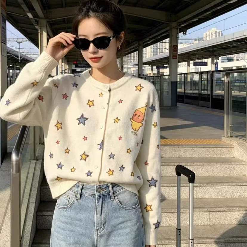 26 년 가을 켜기 새로운 한 부서 달콤함 귀신 프린트 루즈핏 니트 오픈 가디건 제외 된 하의 18092 이미지 4
