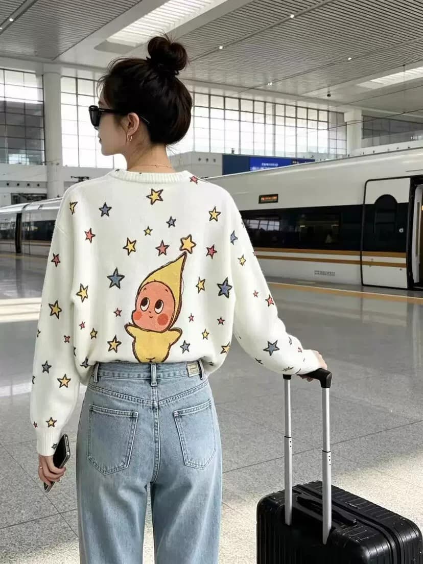 26 년 가을 켜기 새로운 한 부서 달콤함 귀신 프린트 루즈핏 니트 오픈 가디건 제외 된 하의 18092 상세 이미지 1
