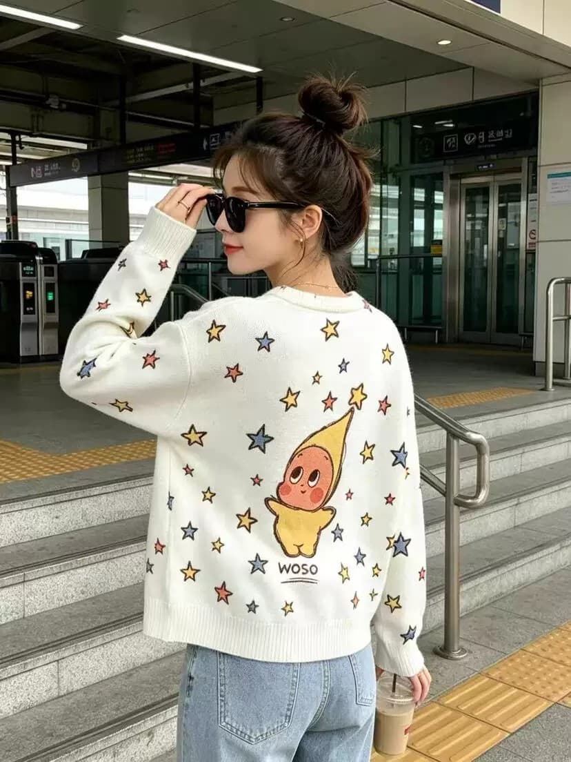26 년 가을 켜기 새로운 한 부서 달콤함 귀신 프린트 루즈핏 니트 오픈 가디건 제외 된 하의 18092 상세 이미지 2