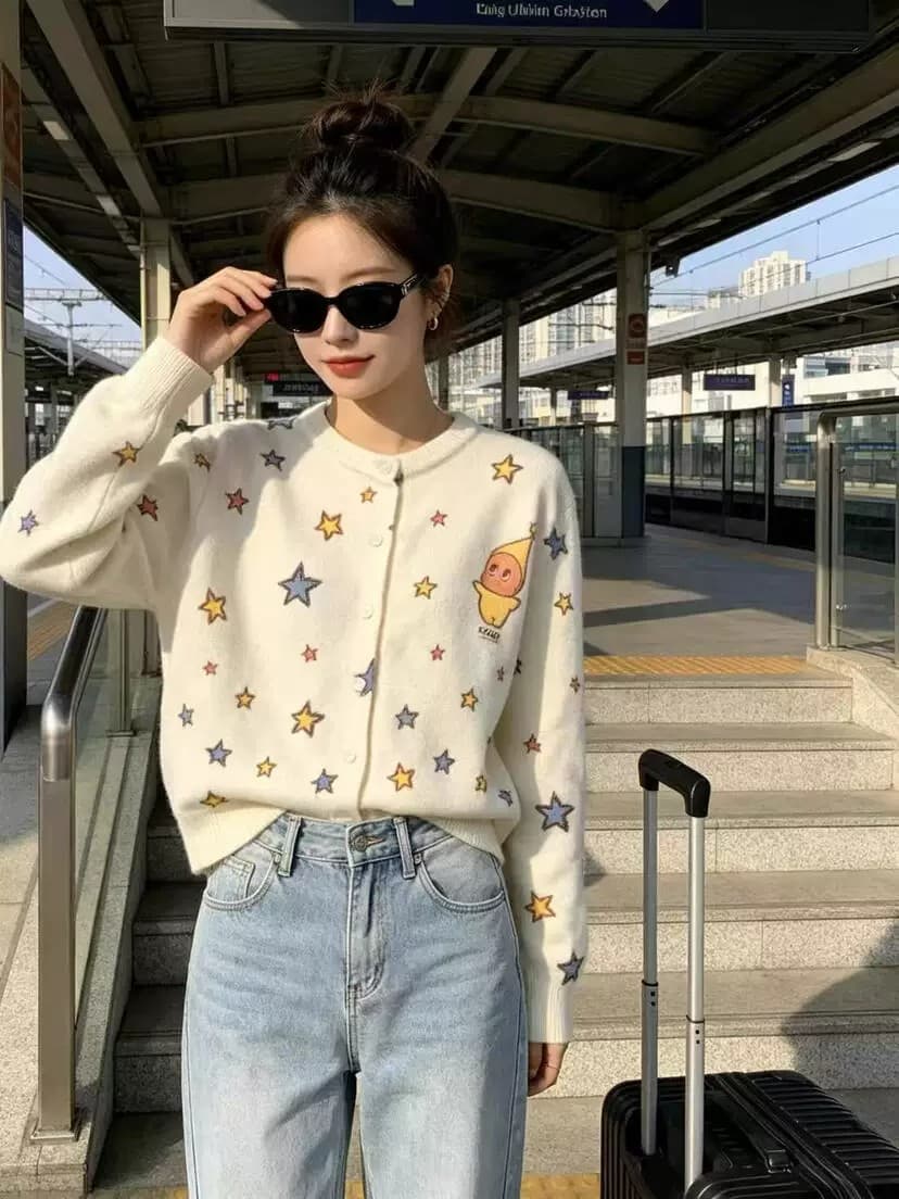 26 년 가을 켜기 새로운 한 부서 달콤함 귀신 프린트 루즈핏 니트 오픈 가디건 제외 된 하의 18092 상세 이미지 3