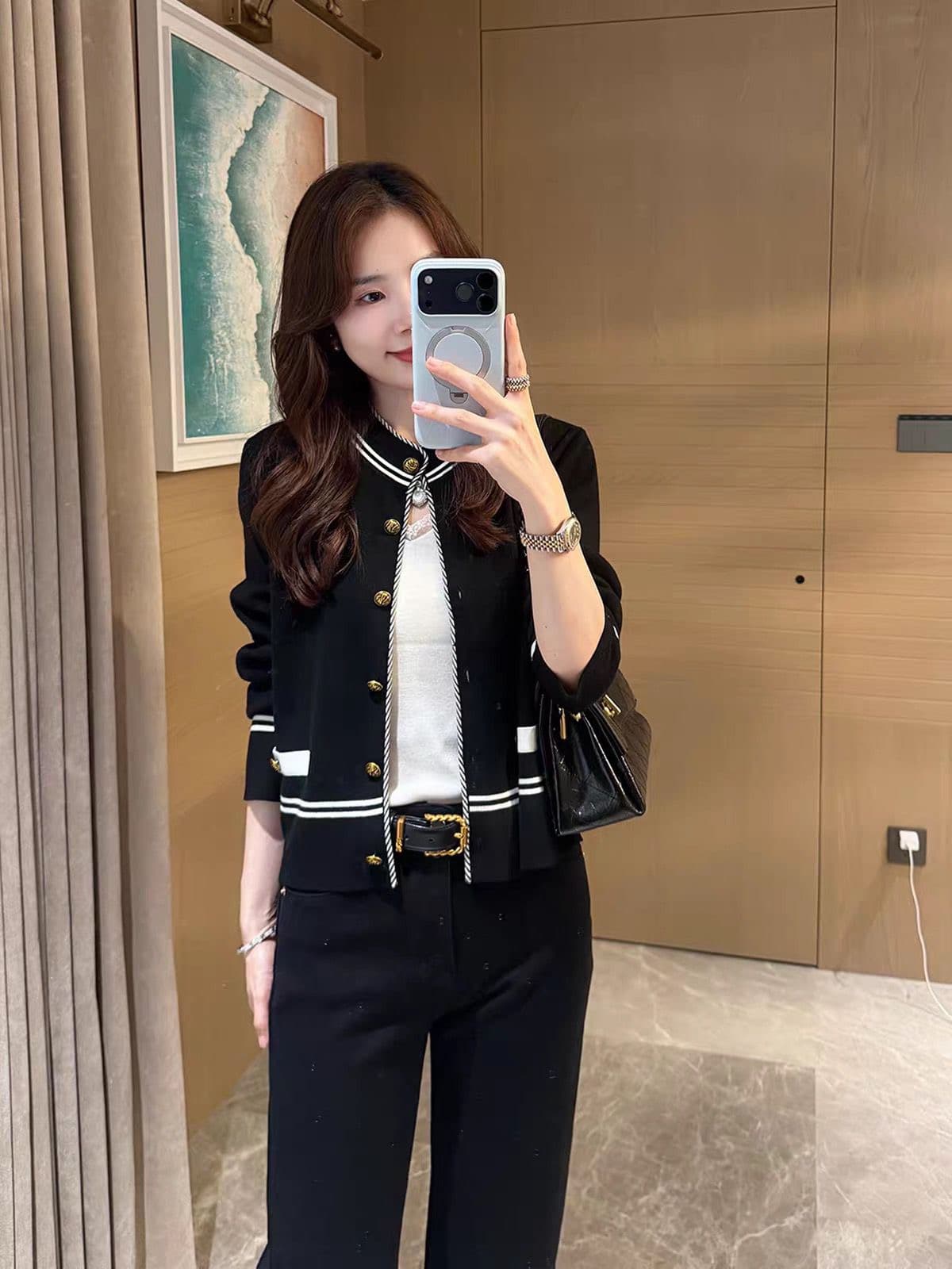 작은 샤넬 스타일 라운드 넥 스트라이프 오픈 가디건 여성 가을 겨울철 새로운 쇼트 스타일 싱글 줄 버튼 다용도 슬림해 보이는 니트 재킷 맨위 상세 이미지 4