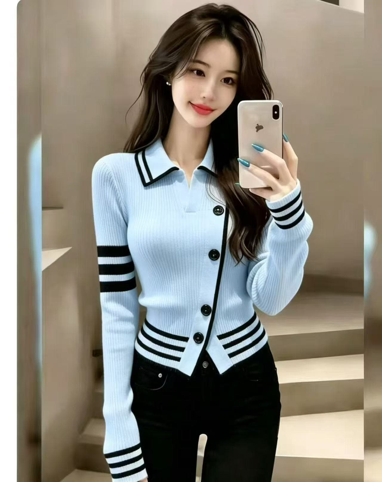 학원 스타일 패션 품격 폴로 칼라 니트 오픈 가디건 여성 의류 스웨터 단추 스트라이프 재킷 몸매 가꾸기 기본 셔츠 맨위 상세 이미지 5