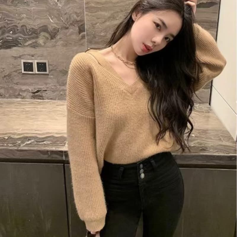 부드러운 찹쌀 주황색 스웨터 여자 가을 겨울 디자인 센스 오프숄더 패션 부드러운 바람 행침 목 품격 풀오버 니트 스웨터 맨위 이미지 5