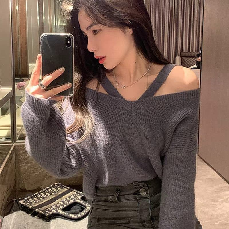 부드러운 찹쌀 주황색 스웨터 여자 가을 겨울 디자인 센스 오프숄더 패션 부드러운 바람 행침 목 품격 풀오버 니트 스웨터 맨위 상세 이미지 7