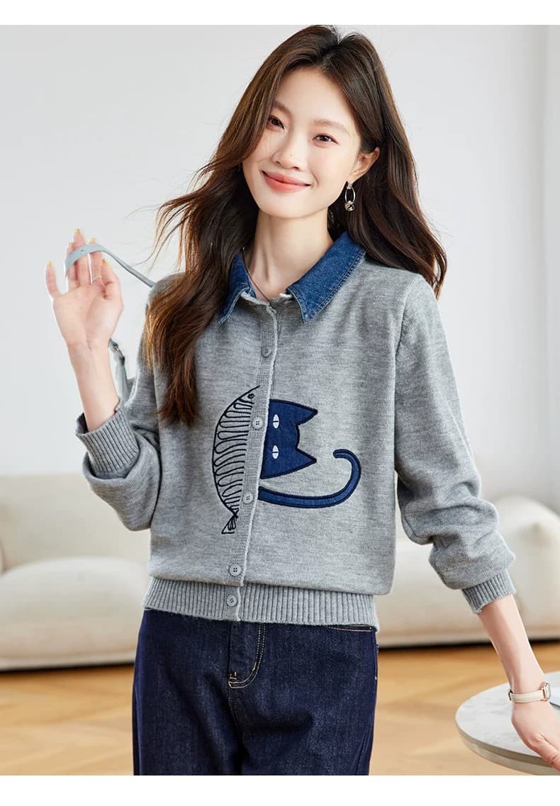 데님 패치워크 셔츠 칼라 니트 오픈 가디건 여성 봄 가을 2026 새로운 폴로 칼라 자수 스웨터 코트 쇼트 스타일 외부 가져 가라. 상세 이미지 11