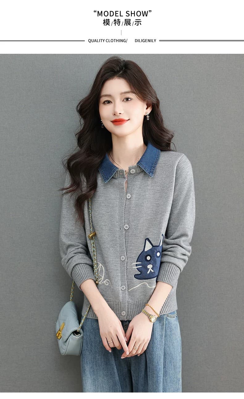 데님 칼라 니트 오픈 가디건 여성 짧은 가을 의상 2026 새로운 외부 가져 가라. 외국 가스 잘 생긴 스웨터 코트 봄 가을 맨위 상세 이미지 2