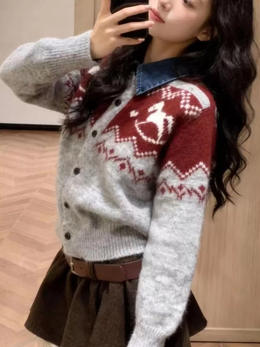 공정한 섬 바람 레트로 자카드 니트 오픈 가디건 여성 패션 루즈핏 슬림해 보이는 2026 가을 겨울 새로운 스웨터 코트 트렌디 이미지 4
