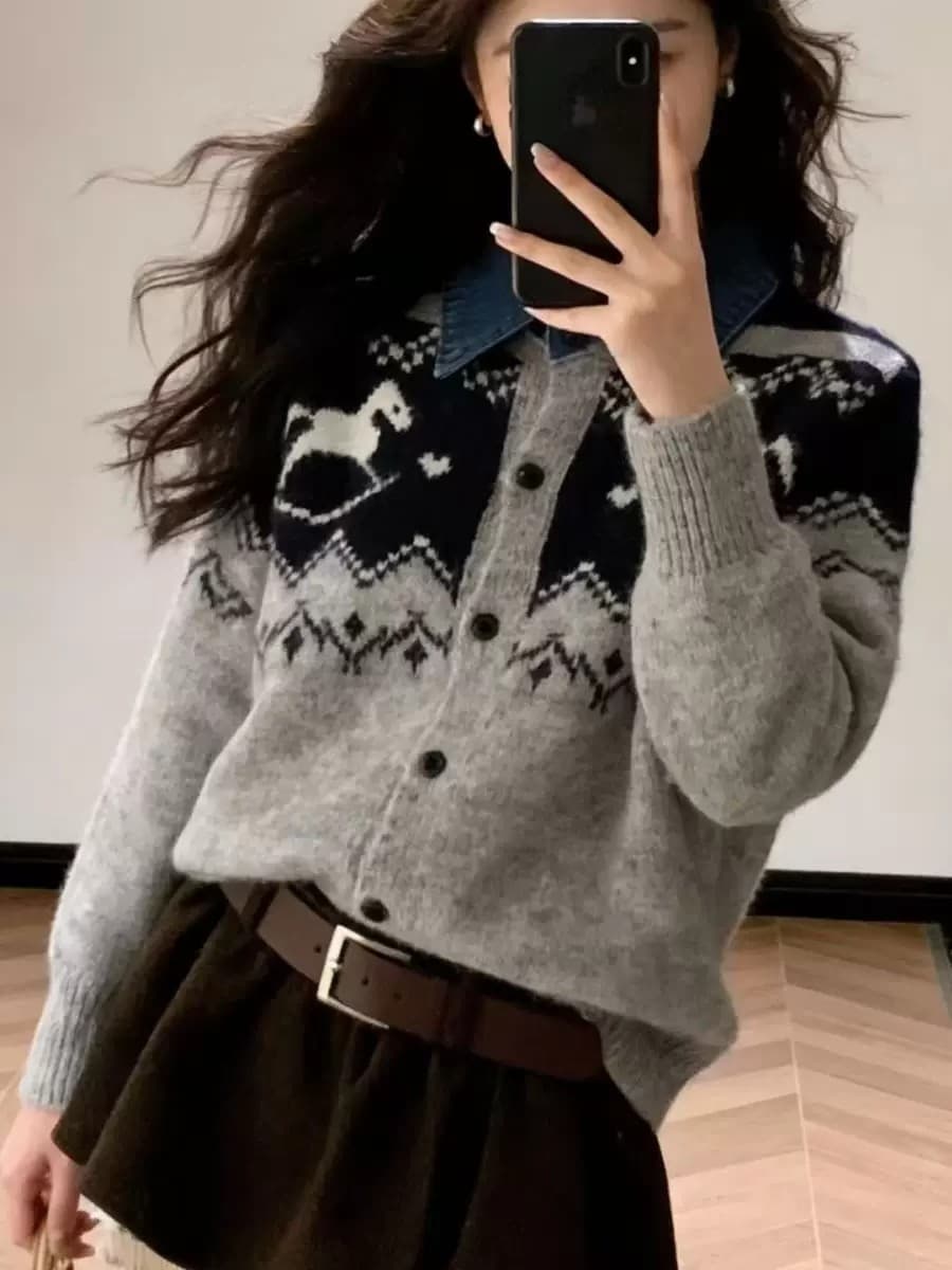 공정한 섬 바람 레트로 자카드 니트 오픈 가디건 여성 패션 루즈핏 슬림해 보이는 2026 가을 겨울 새로운 스웨터 코트 트렌디 이미지 5