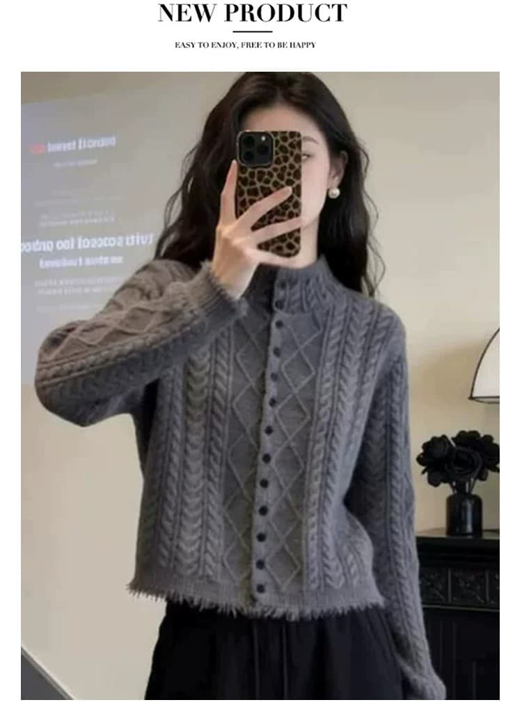 패션 꽈배기 오픈 가디건 여성 새로운 봄 가을 외국 가스 술 양모 스웨터 외부 잡아라. 의류 하프 노년기 기본 셔츠 상세 이미지 2
