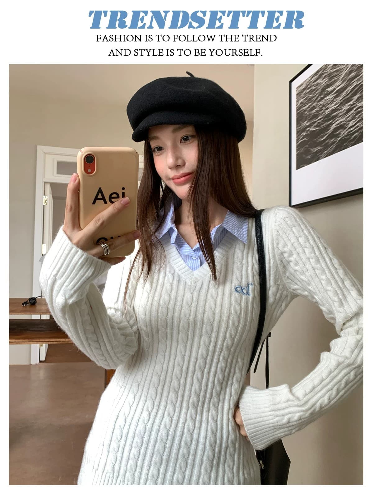 스트라이프 셔츠 칼라 od 알파벳 스웨터 V넥 페이크 레이어드 긴팔 니트 몸매 가꾸기 여성 상세 이미지 5