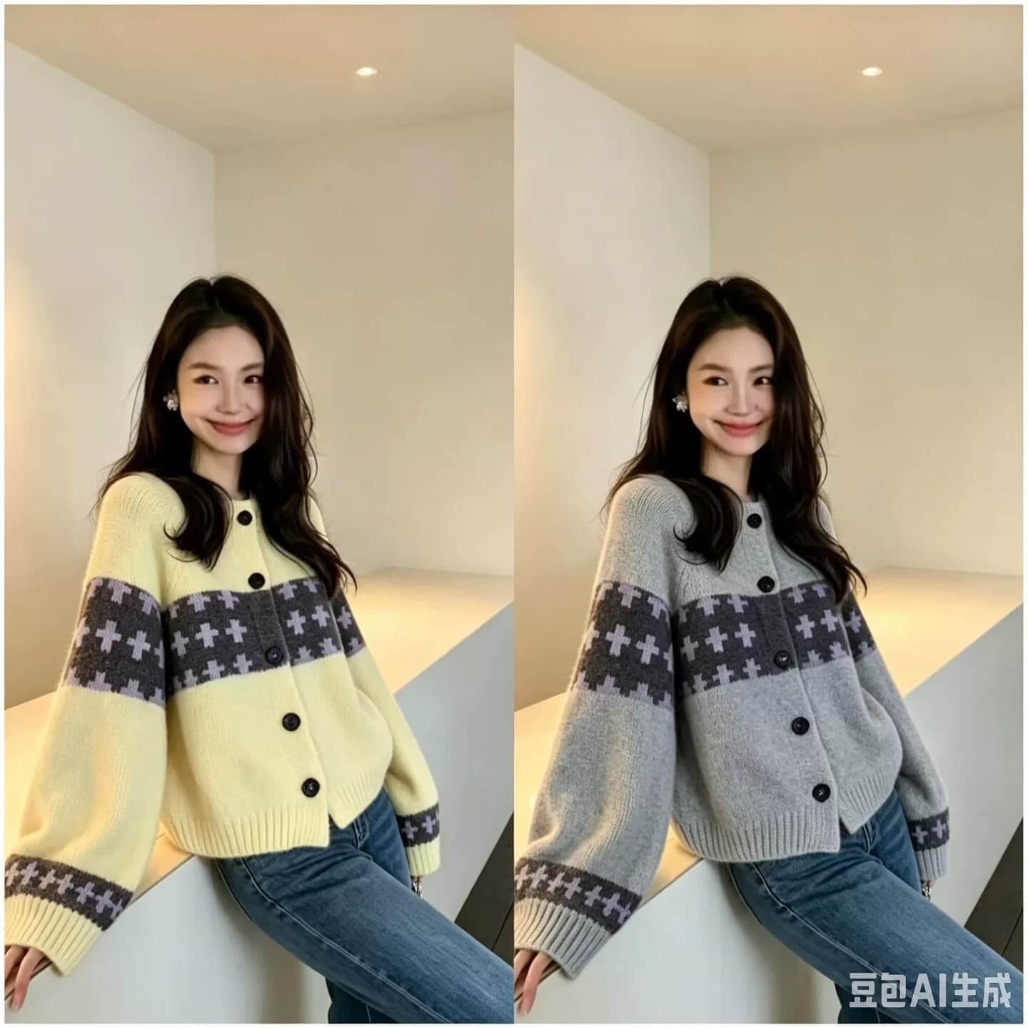 레트로 자카드 가을 새로운 한 부서 라운드 넥 루즈핏 쇼트 스타일 부드러운 찹쌀 스웨터 코트 느긋한 바람 작은 키 맨위 상세 이미지 1