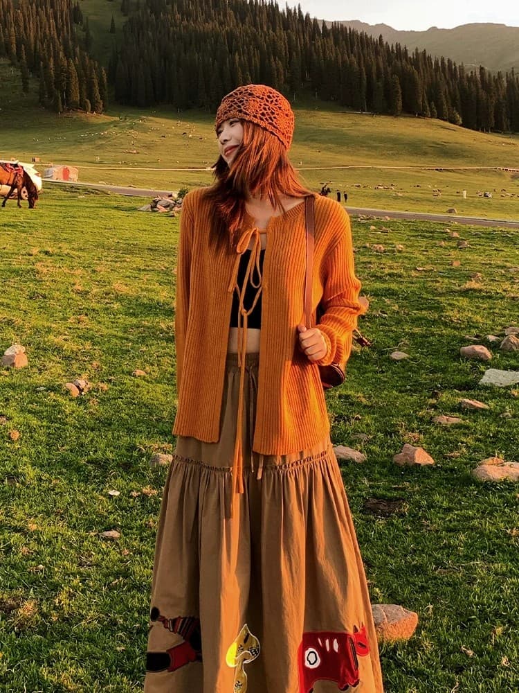 느긋한 바람 한 부서 주황색 레이스업 니트 오픈 가디건 여성 코트 이른 가을 경기 슬립 인기 착용 가져 가라. 그레이트 봐. 의류 이미지 2
