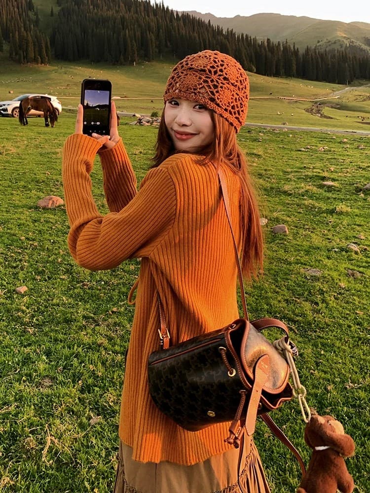 느긋한 바람 한 부서 주황색 레이스업 니트 오픈 가디건 여성 코트 이른 가을 경기 슬립 인기 착용 가져 가라. 그레이트 봐. 의류 이미지 3