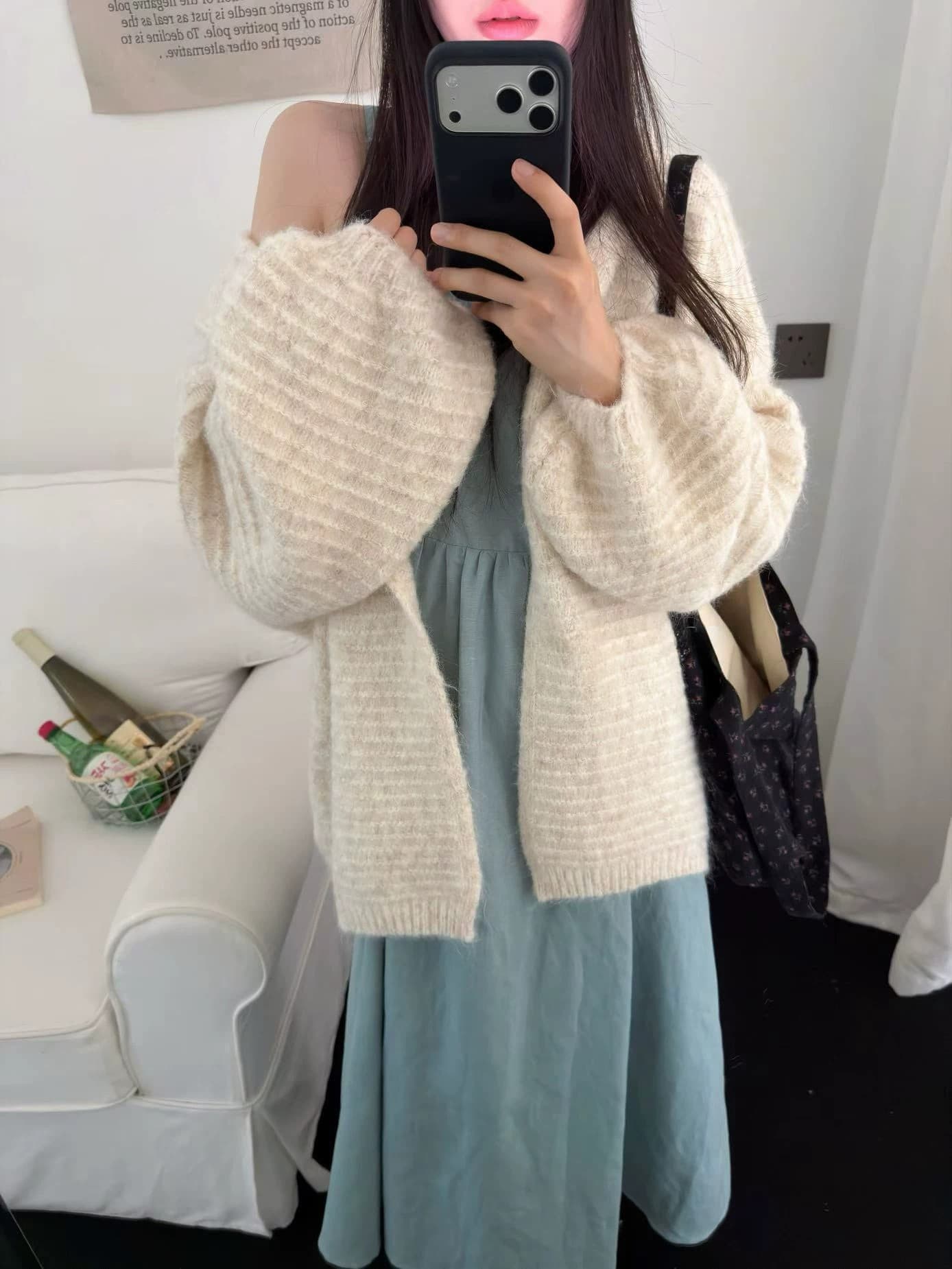 한 부서 후드 스웨터 여성 코트 느슨함 센스 느긋한 바람 루즈핏 부드러운 바람 가을 벌룬 소매 니트 오픈 가디건 이미지 2