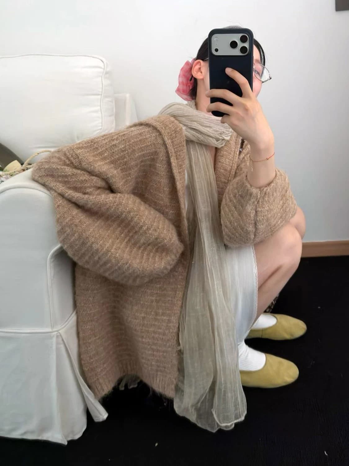 한 부서 후드 스웨터 여성 코트 느슨함 센스 느긋한 바람 루즈핏 부드러운 바람 가을 벌룬 소매 니트 오픈 가디건