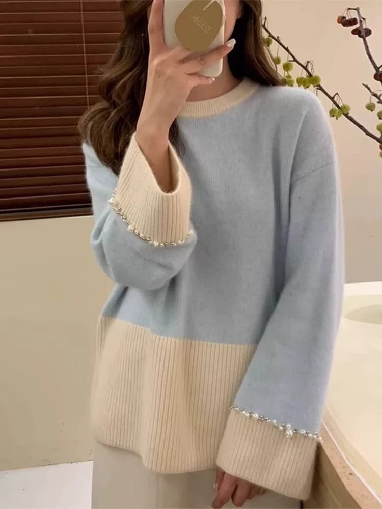 너구리 플러시 프랑스식 레트로 패치워크 색상 스웨터 여자 디자인 센스 커프스 비즈 박기 무거운 작업 작은 대중 니트 스웨터 가을 겨울 켜기 새로운 이미지 2