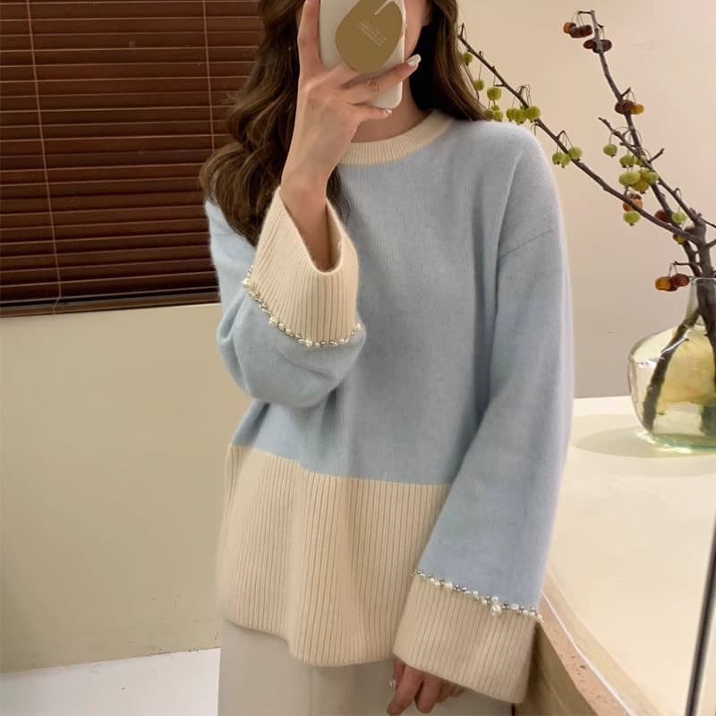 너구리 플러시 프랑스식 레트로 패치워크 색상 스웨터 여자 디자인 센스 커프스 비즈 박기 무거운 작업 작은 대중 니트 스웨터 가을 겨울 켜기 새로운 상세 이미지 2