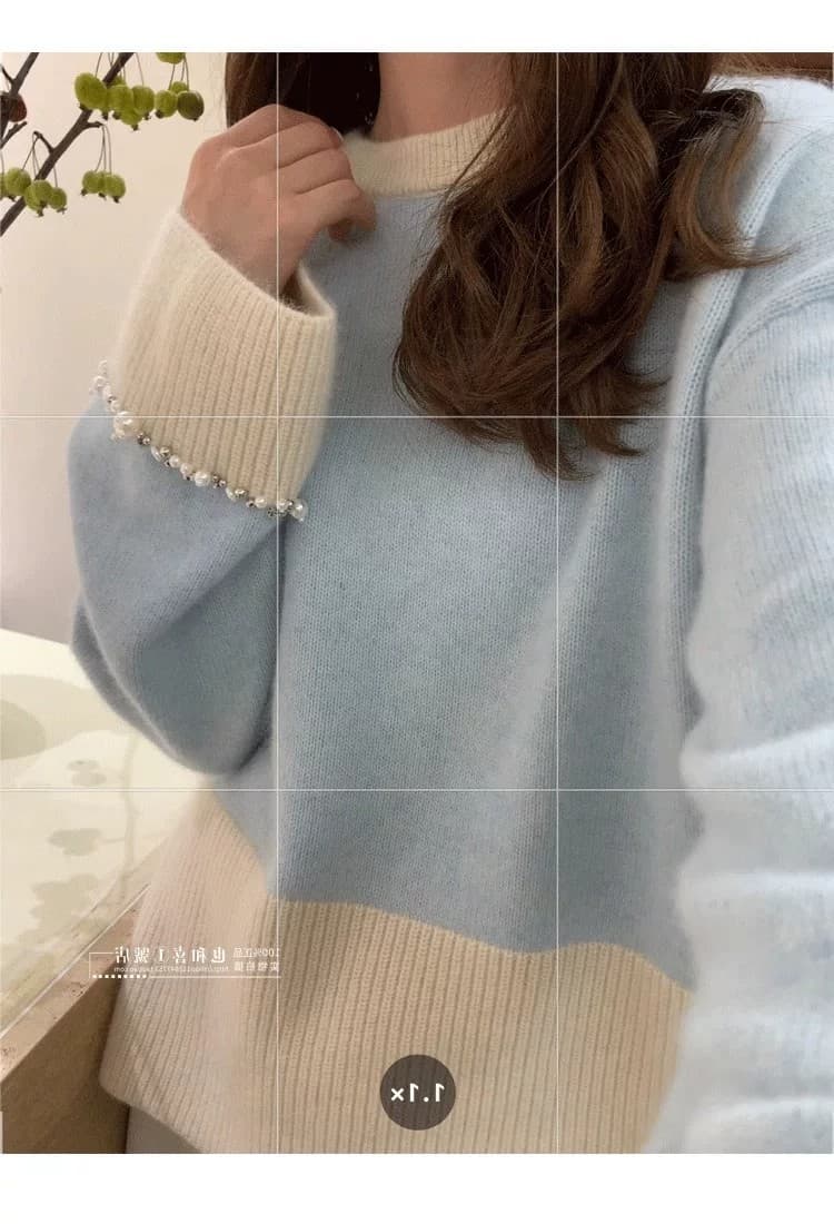 너구리 플러시 프랑스식 레트로 패치워크 색상 스웨터 여자 디자인 센스 커프스 비즈 박기 무거운 작업 작은 대중 니트 스웨터 가을 겨울 켜기 새로운 상세 이미지 5