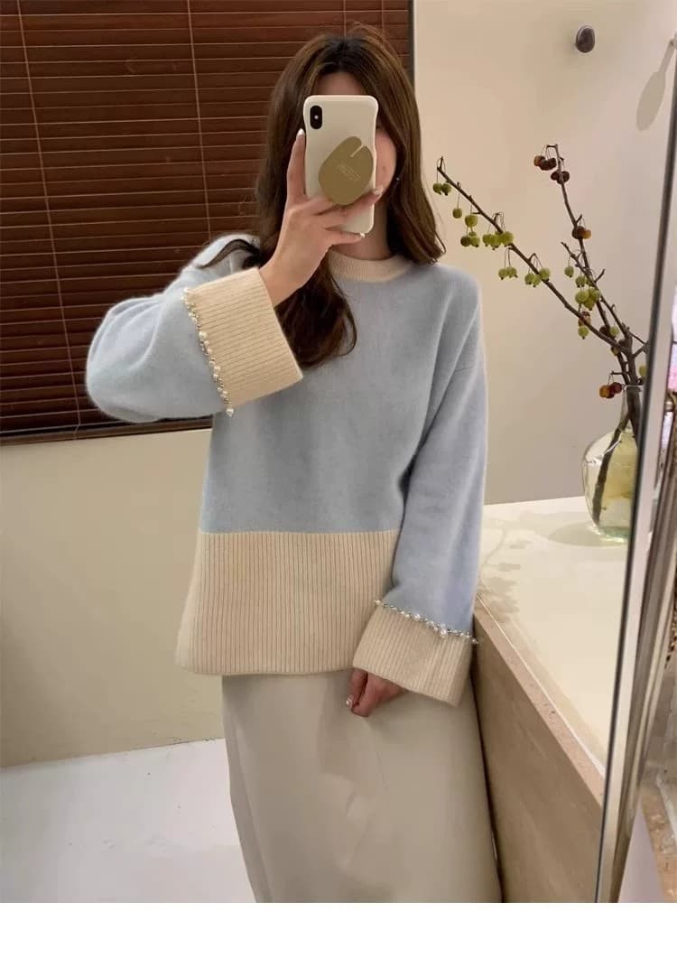 너구리 플러시 프랑스식 레트로 패치워크 색상 스웨터 여자 디자인 센스 커프스 비즈 박기 무거운 작업 작은 대중 니트 스웨터 가을 겨울 켜기 새로운 상세 이미지 6