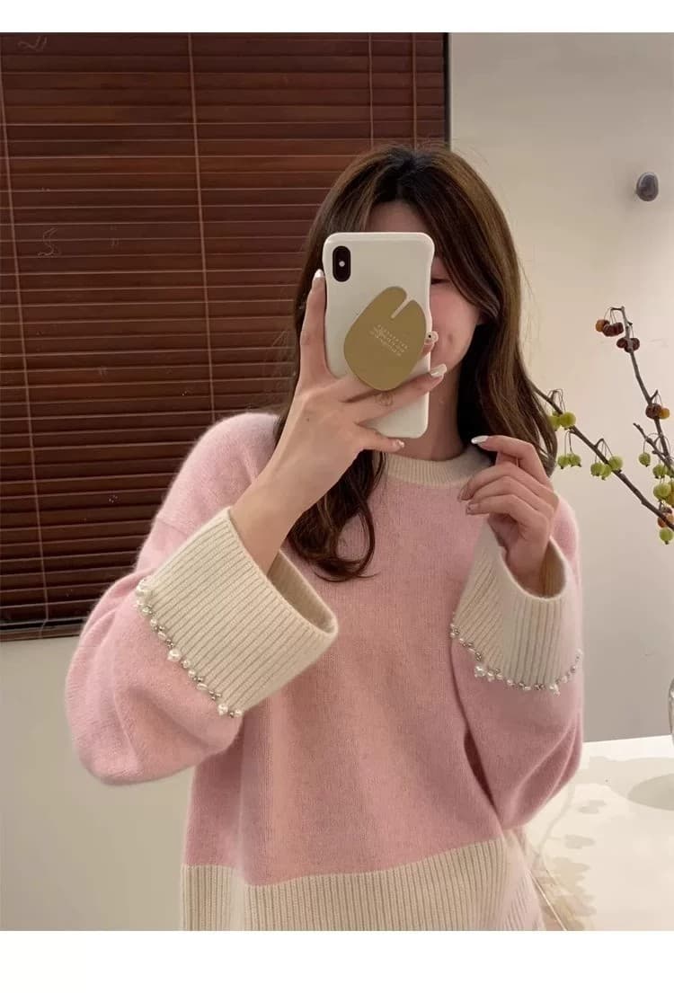 너구리 플러시 프랑스식 레트로 패치워크 색상 스웨터 여자 디자인 센스 커프스 비즈 박기 무거운 작업 작은 대중 니트 스웨터 가을 겨울 켜기 새로운 상세 이미지 8