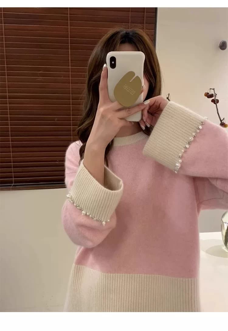 너구리 플러시 프랑스식 레트로 패치워크 색상 스웨터 여자 디자인 센스 커프스 비즈 박기 무거운 작업 작은 대중 니트 스웨터 가을 겨울 켜기 새로운 상세 이미지 9