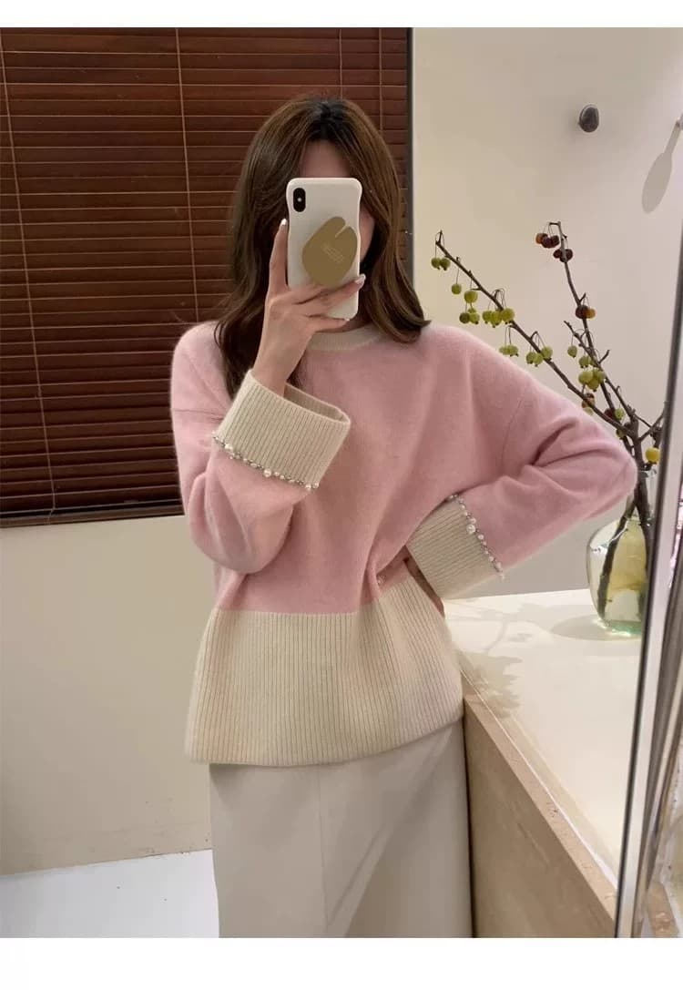 너구리 플러시 프랑스식 레트로 패치워크 색상 스웨터 여자 디자인 센스 커프스 비즈 박기 무거운 작업 작은 대중 니트 스웨터 가을 겨울 켜기 새로운 상세 이미지 10