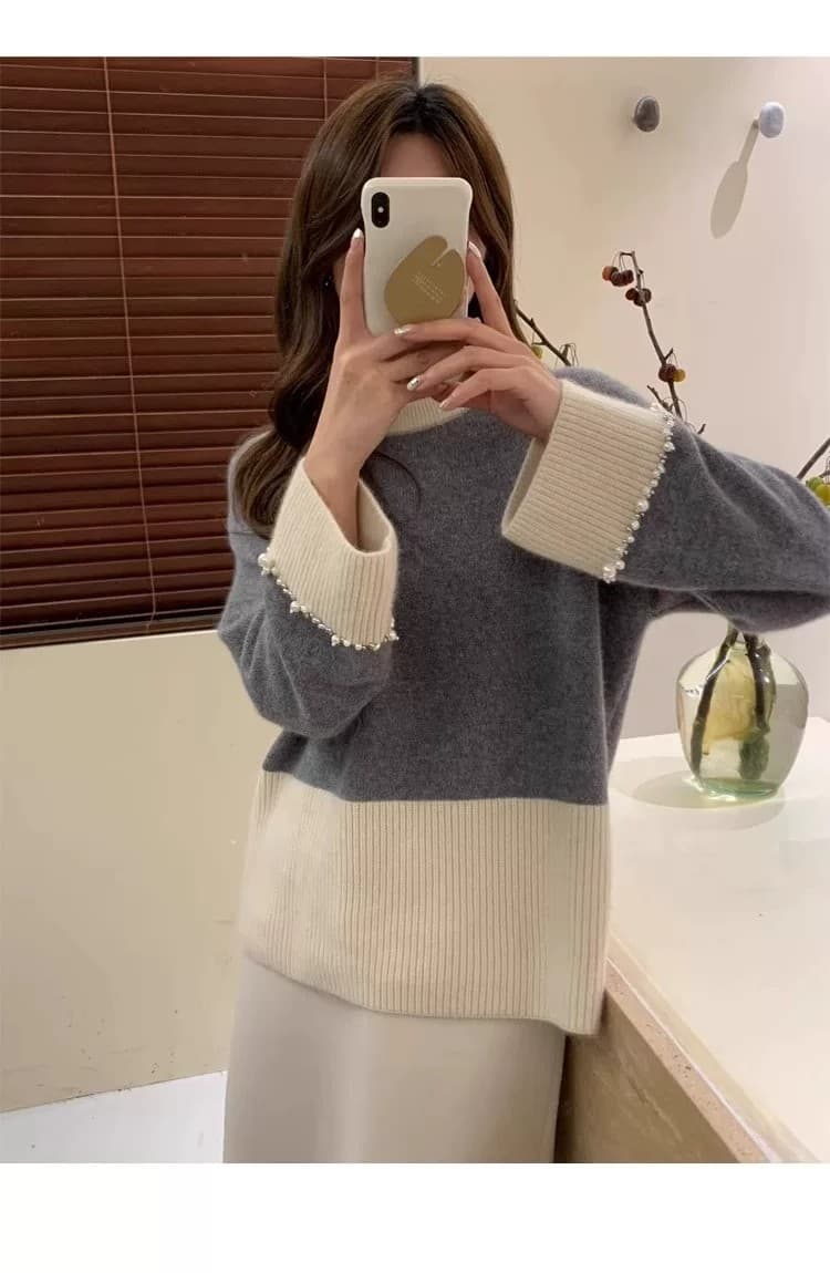 너구리 플러시 프랑스식 레트로 패치워크 색상 스웨터 여자 디자인 센스 커프스 비즈 박기 무거운 작업 작은 대중 니트 스웨터 가을 겨울 켜기 새로운 상세 이미지 11
