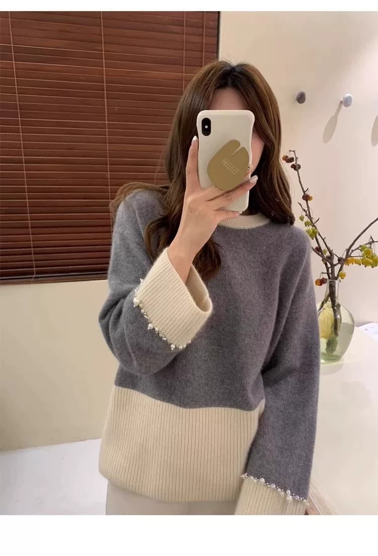 너구리 플러시 프랑스식 레트로 패치워크 색상 스웨터 여자 디자인 센스 커프스 비즈 박기 무거운 작업 작은 대중 니트 스웨터 가을 겨울 켜기 새로운 상세 이미지 12