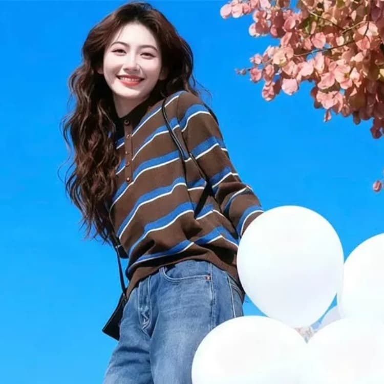 아름다움 라드. 배색 스트라이프 반하이넥 만나는 맨위 여성 가을 겨울 가을 단추 니트 스웨터 작은 대중 스웨터 인사이드 가져 가라. 이미지 2