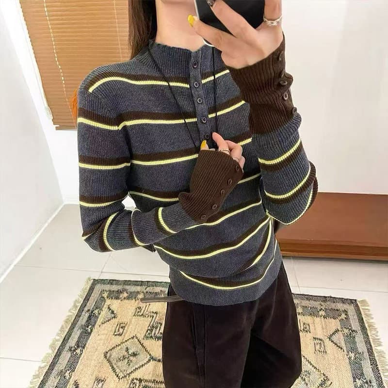 아름다움 라드. 배색 스트라이프 반하이넥 만나는 맨위 여성 가을 겨울 가을 단추 니트 스웨터 작은 대중 스웨터 인사이드 가져 가라. 상세 이미지 5