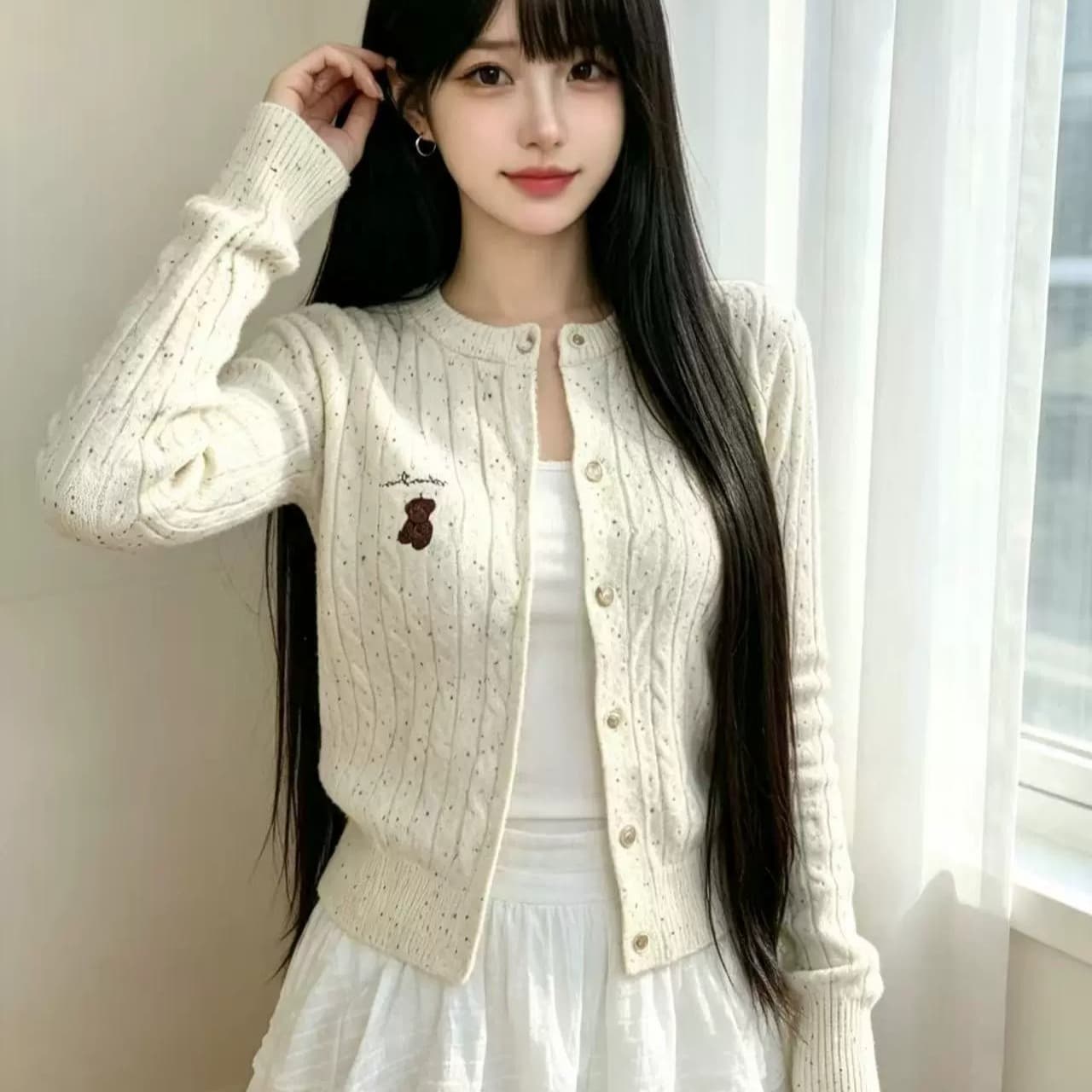 이른 가을 한 부서 학원 스타일 새로운 달콤함 연령 감소 쌀 화이트 스웨터 꽈배기 니트 오픈 가디건 여성 자수 맨위 재킷 이미지 5