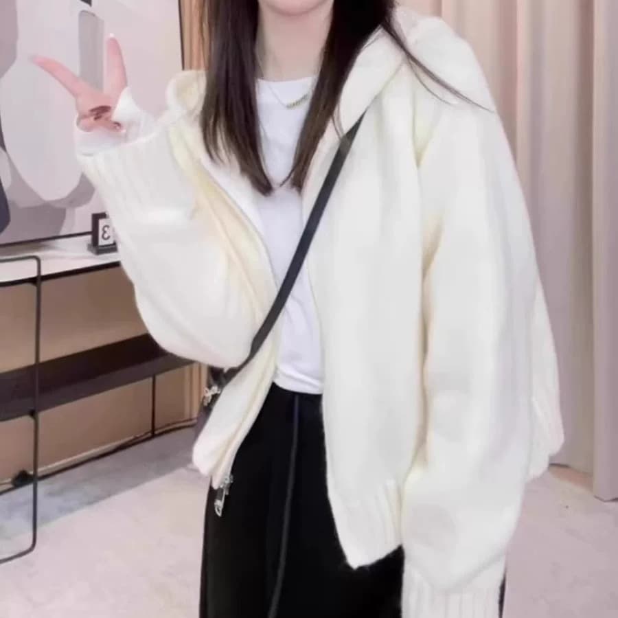 후드 니트 오픈 가디건 여성 가을 겨울 의류 한 부서 느긋한 바람 루즈핏 두꺼운 스웨터 쇼트 스타일 한 부서 더블 지퍼 재킷 이미지 3