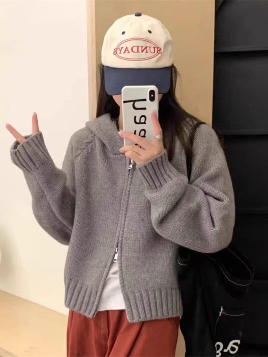 후드 니트 오픈 가디건 여성 가을 겨울 의류 한 부서 느긋한 바람 루즈핏 두꺼운 스웨터 쇼트 스타일 한 부서 더블 지퍼 재킷 상세 이미지 1