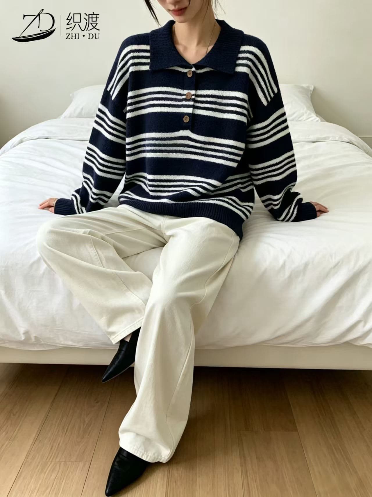 2026 새로운 봄 드레스 느긋한 스트라이프 POLO 칼라 스웨터 여자 한국 스타일 세련된 센스 작은 대중 캐주얼 루즈핏 니트 스웨터 이미지 3