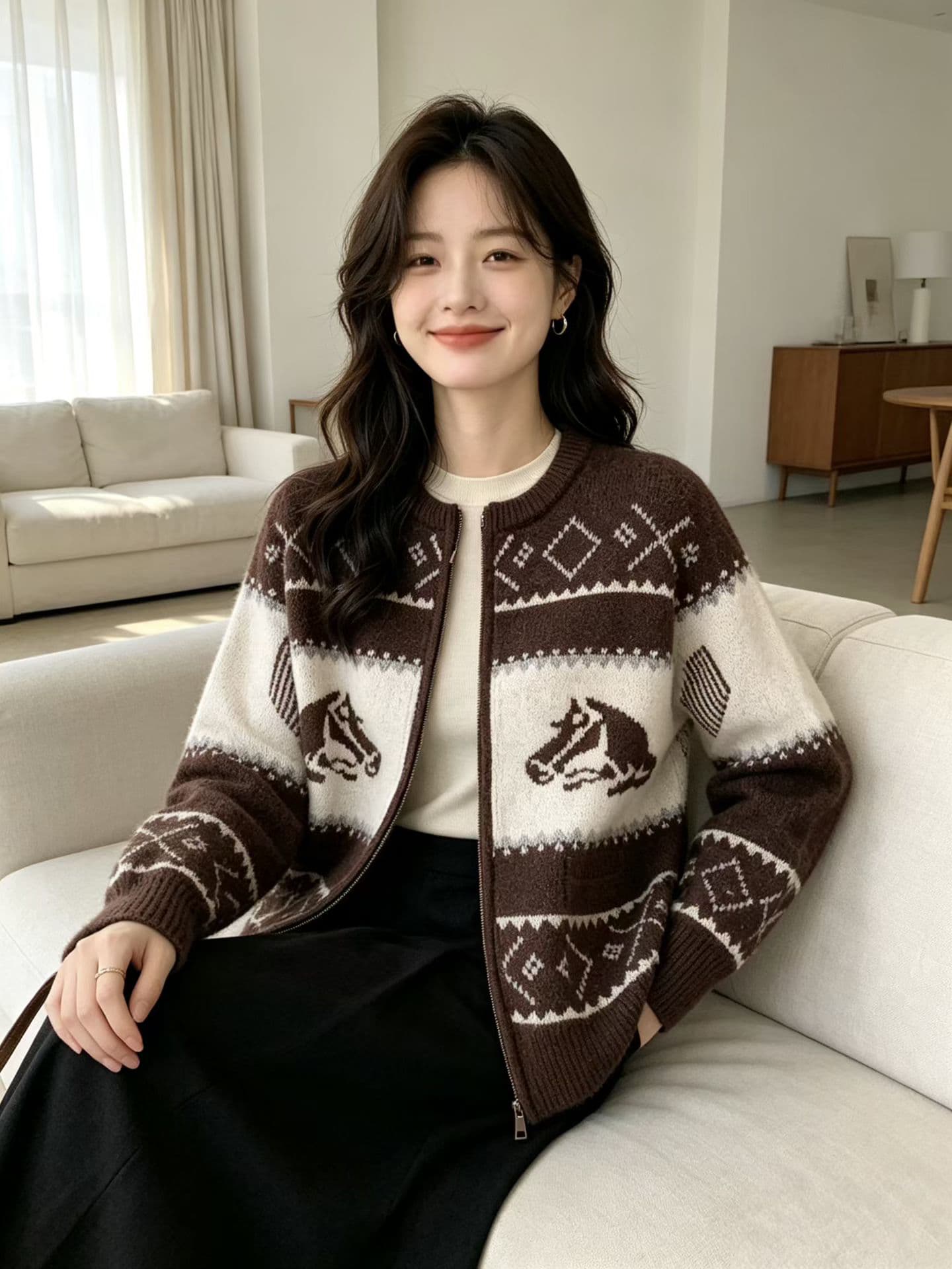 공정한 섬 니트 자카드 양모 양 낙타 털 니트 스웨터 오픈 가디건 이미지 2