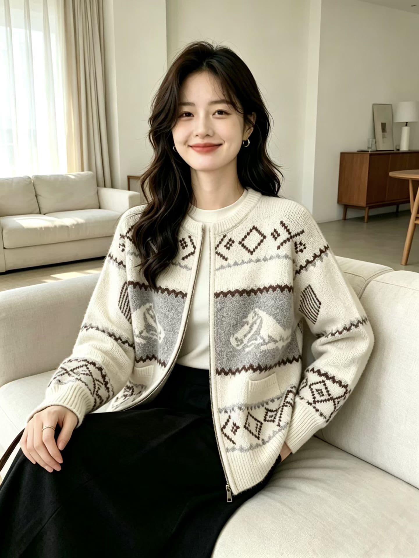 공정한 섬 니트 자카드 양모 양 낙타 털 니트 스웨터 오픈 가디건 이미지 3