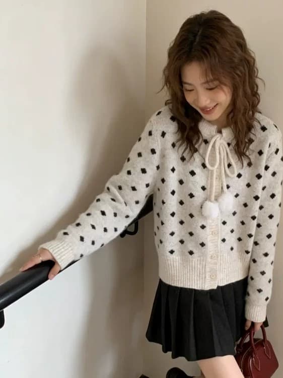 한 부서 스웨터 오픈 가디건 단추 도트 무늬 전원 부서 고급 센스 털 공 긴팔 두꺼운 뜨거운 판매 외출용 스웨터 이미지 2
