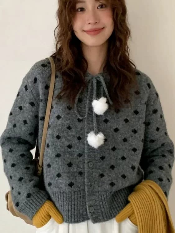 한 부서 스웨터 오픈 가디건 단추 도트 무늬 전원 부서 고급 센스 털 공 긴팔 두꺼운 뜨거운 판매 외출용 스웨터