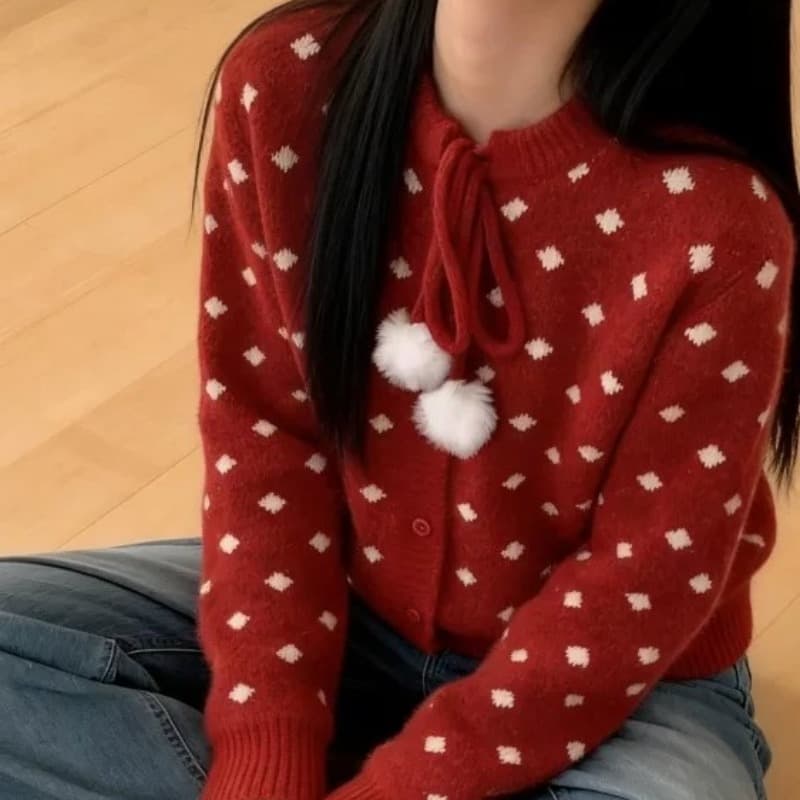 한 부서 스웨터 오픈 가디건 단추 도트 무늬 전원 부서 고급 센스 털 공 긴팔 두꺼운 뜨거운 판매 외출용 스웨터 이미지 5