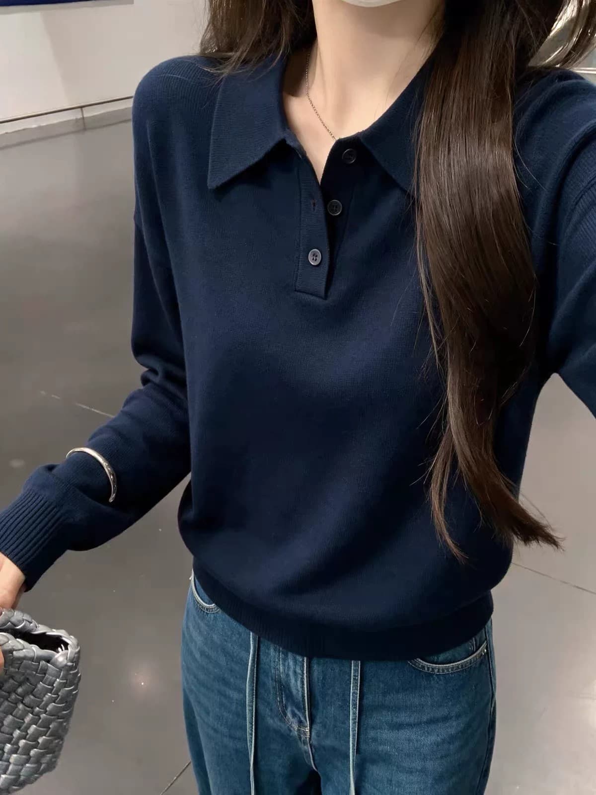 POLO 칼라 긴팔 스웨터 기초 폴로 칼라 긍정적 인 어깨 니트 스웨터 여성 가을 출퇴근 다용도 기초 섹션 풀오버 맨위 이미지 2