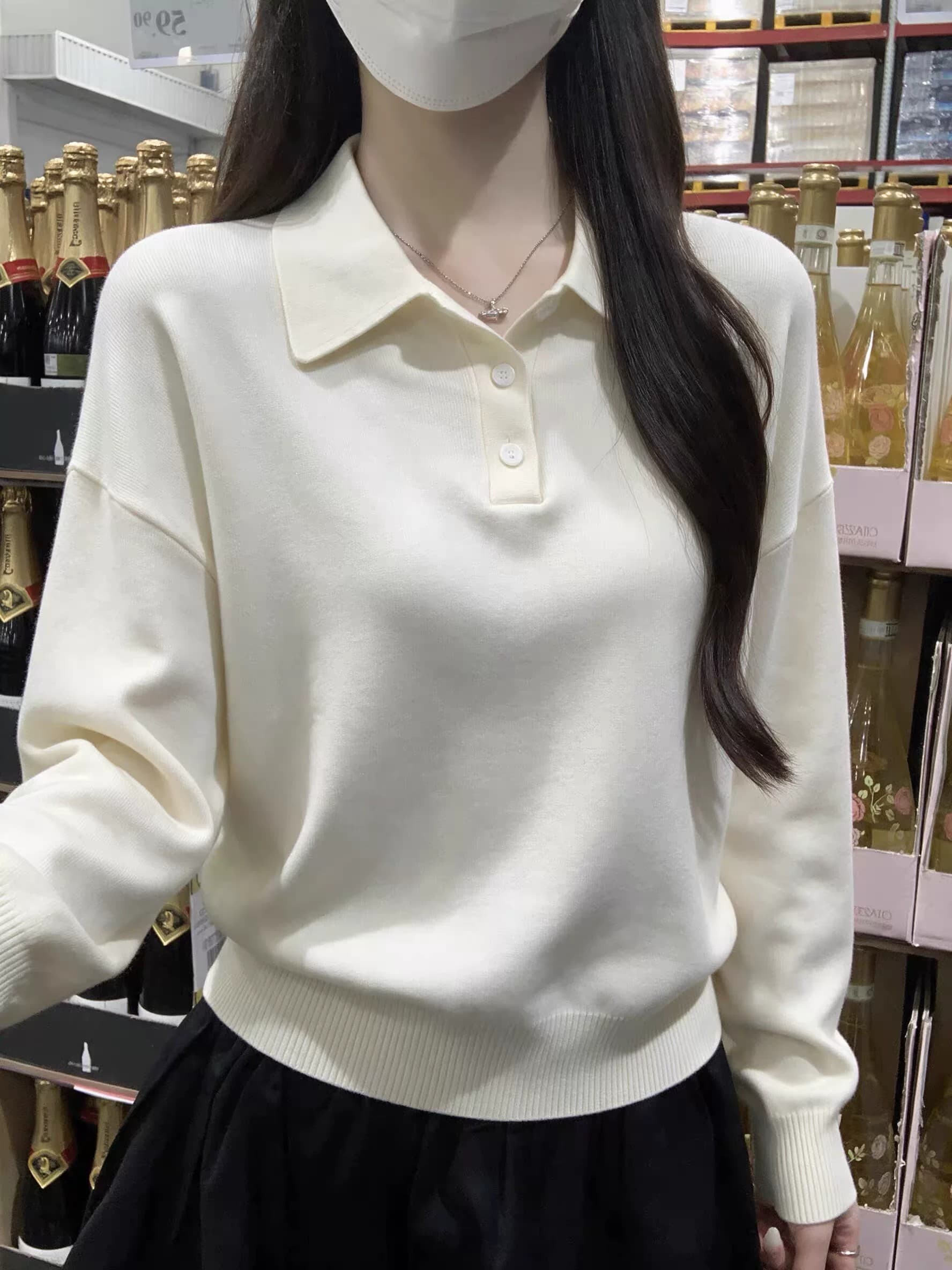 POLO 칼라 긴팔 스웨터 기초 폴로 칼라 긍정적 인 어깨 니트 스웨터 여성 가을 출퇴근 다용도 기초 섹션 풀오버 맨위 이미지 3