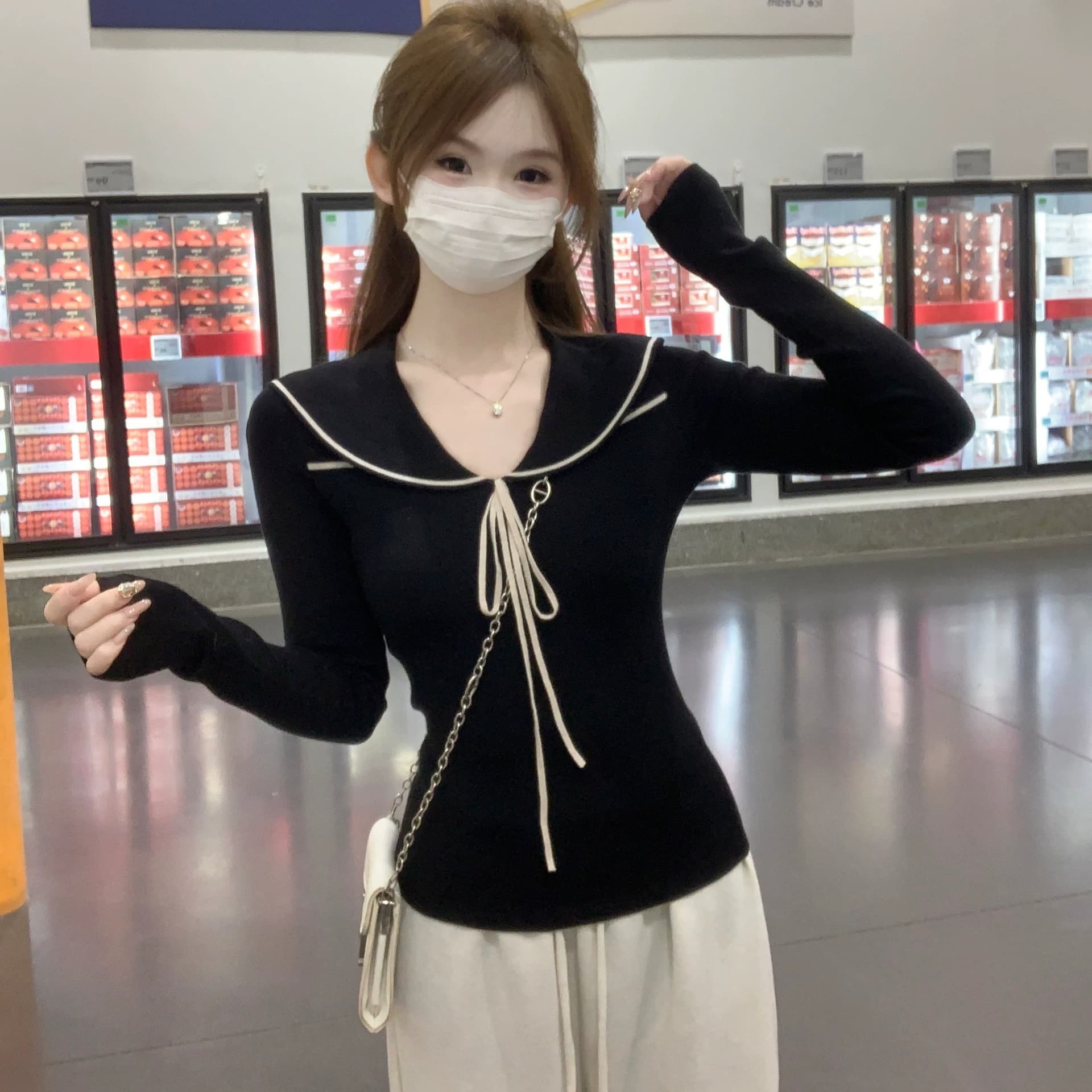 miu 부서 달콤한 스타일 베이비 칼라 디자인 센스 레이스업 긴팔 니트 맨위 여성 가을 겨울 몸매 가꾸기 슬림해 보이는 기본 셔츠 이미지 6