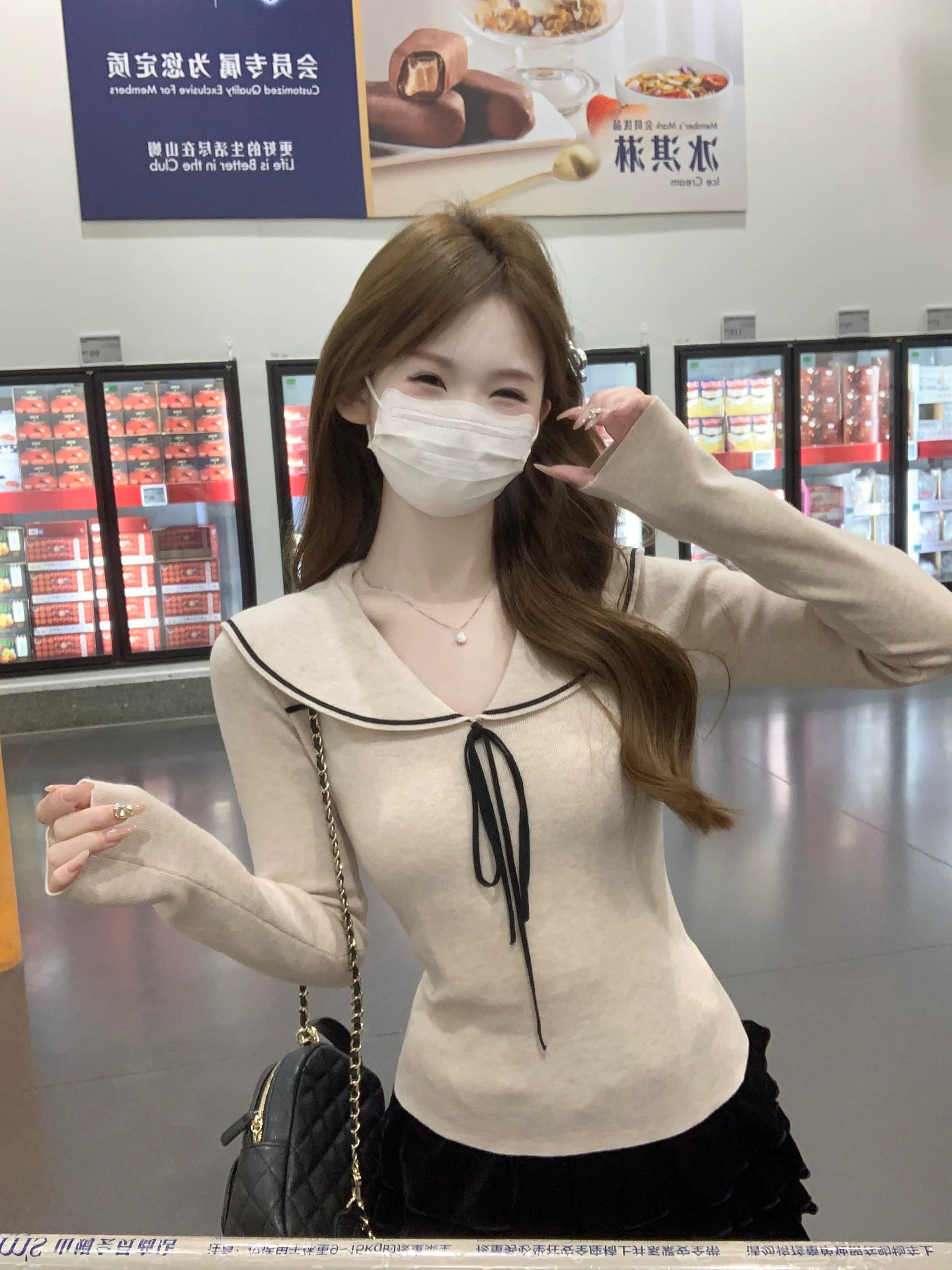 miu 부서 달콤한 스타일 베이비 칼라 디자인 센스 레이스업 긴팔 니트 맨위 여성 가을 겨울 몸매 가꾸기 슬림해 보이는 기본 셔츠 상세 이미지 2