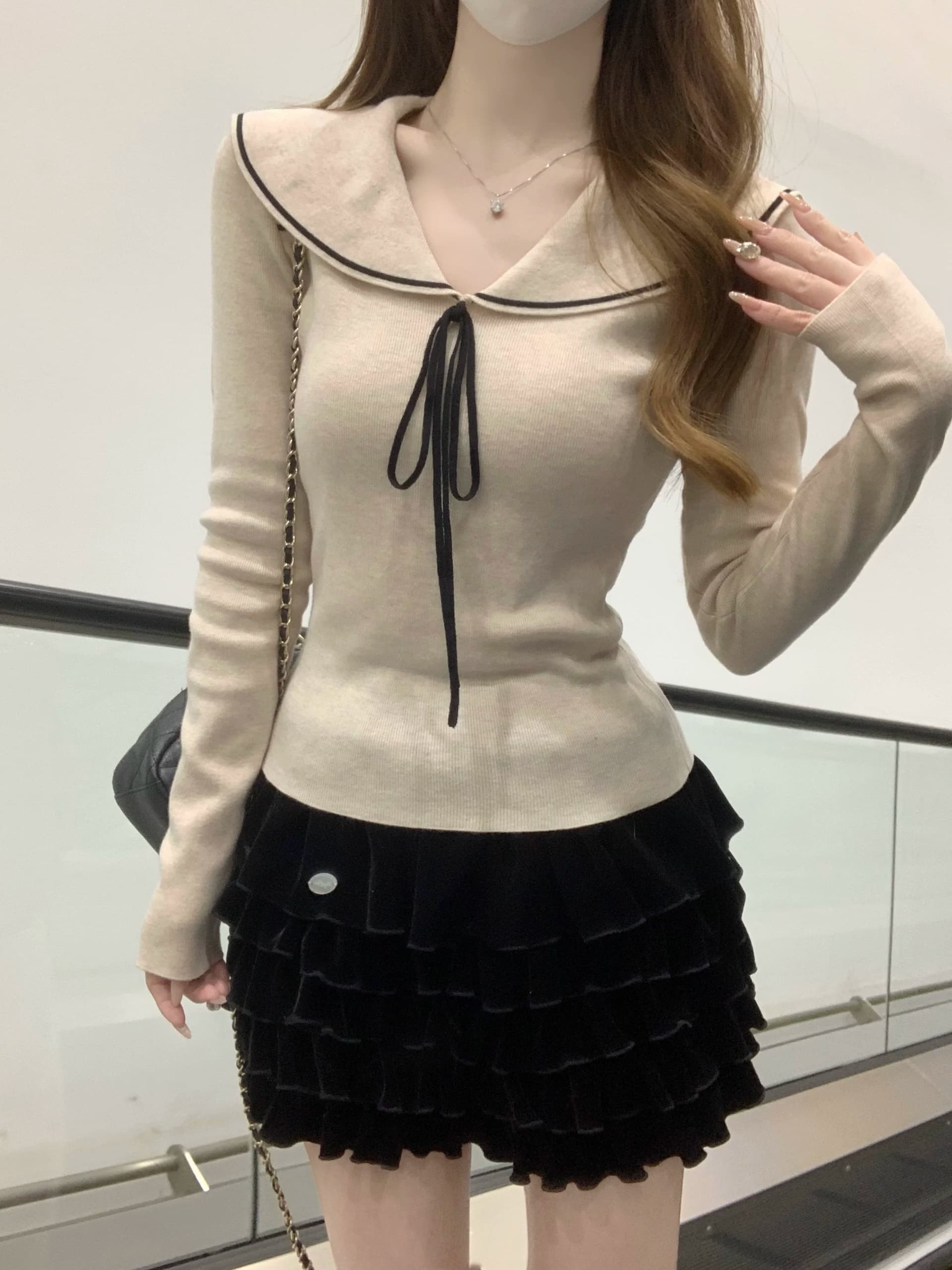 miu 부서 달콤한 스타일 베이비 칼라 디자인 센스 레이스업 긴팔 니트 맨위 여성 가을 겨울 몸매 가꾸기 슬림해 보이는 기본 셔츠 상세 이미지 12