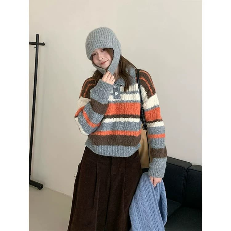 한 부서 배색 스트라이프 서클 실 폴로 칼라 스웨터 풀오버 여성 루즈핏 가을 겨울 두꺼운 쇼트 스타일 인사이드 가져 가라. 니트 맨위 상세 이미지 2