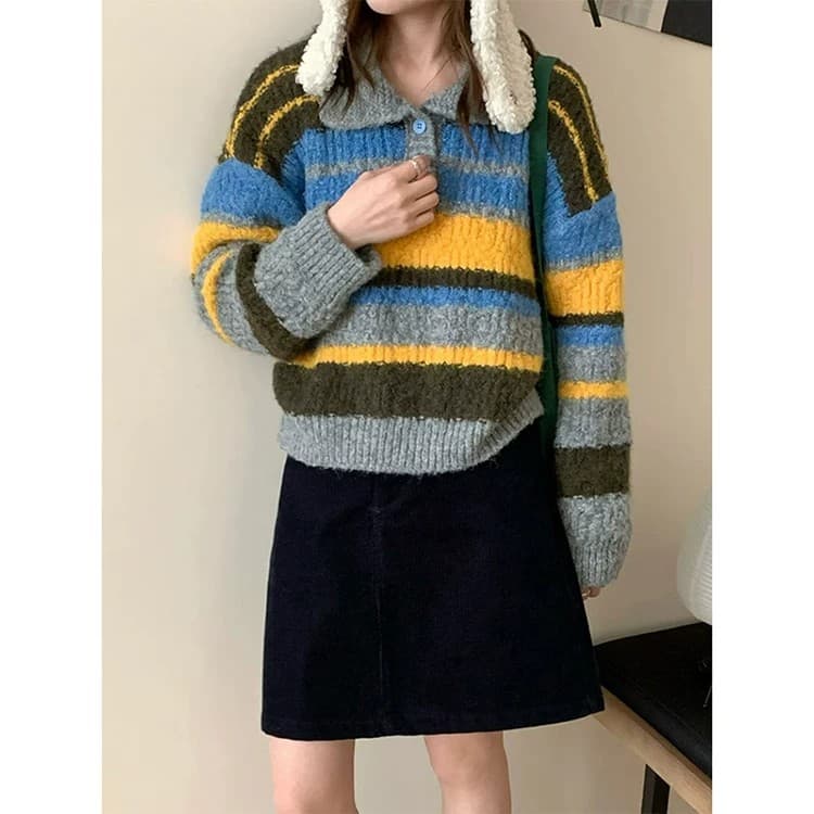 한 부서 배색 스트라이프 서클 실 폴로 칼라 스웨터 풀오버 여성 루즈핏 가을 겨울 두꺼운 쇼트 스타일 인사이드 가져 가라. 니트 맨위 상세 이미지 5