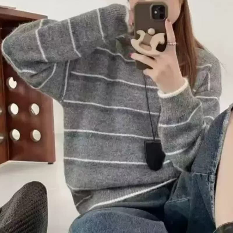양 타조 울 한국 스타일 느긋한 바람 회색 스트라이프 라운드 넥 풀오버