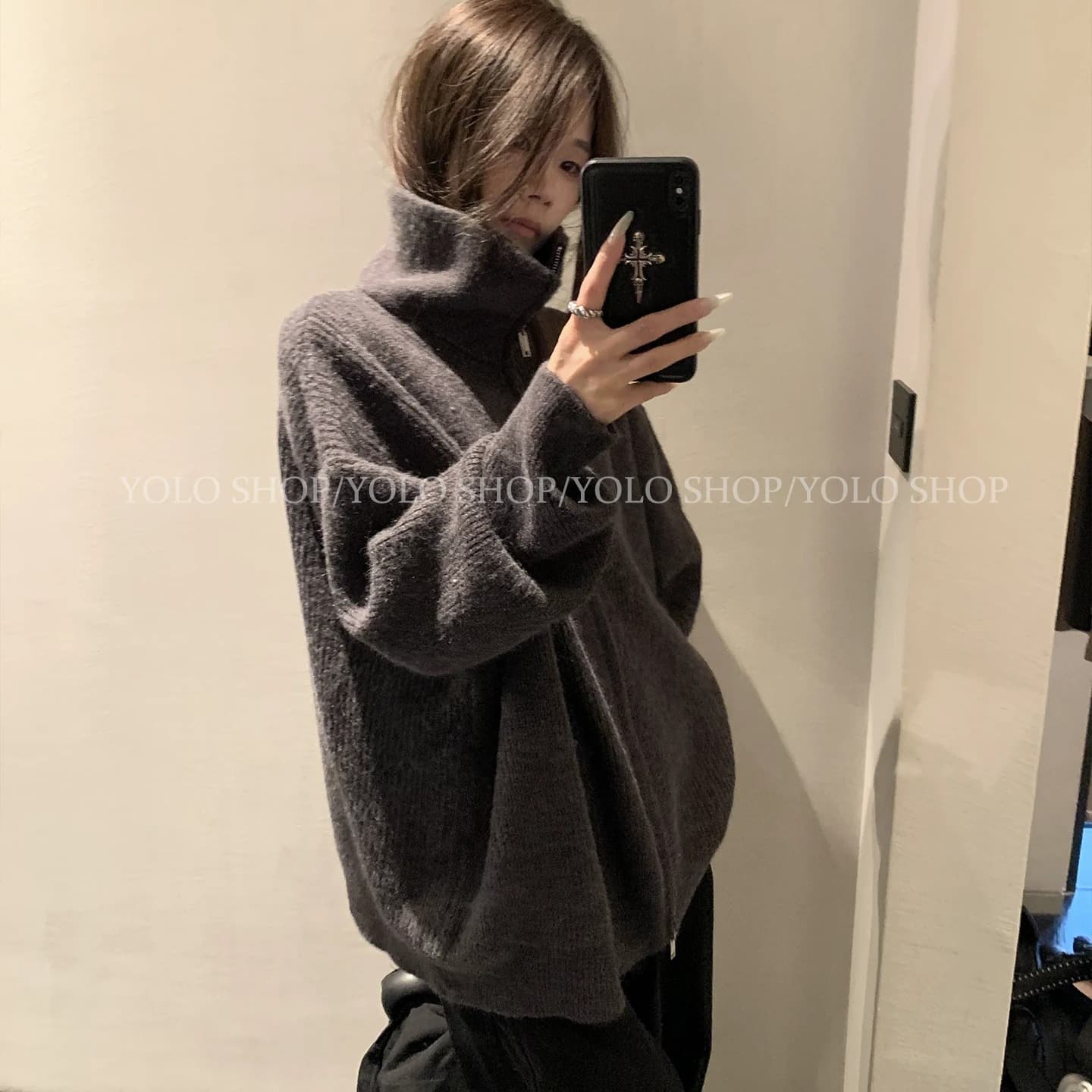 느긋한 느슨함 센스 빛 사람들 반하이넥 지퍼 니트 오픈 가디건 여성 가을 품격 스웨터 코트 이미지 5