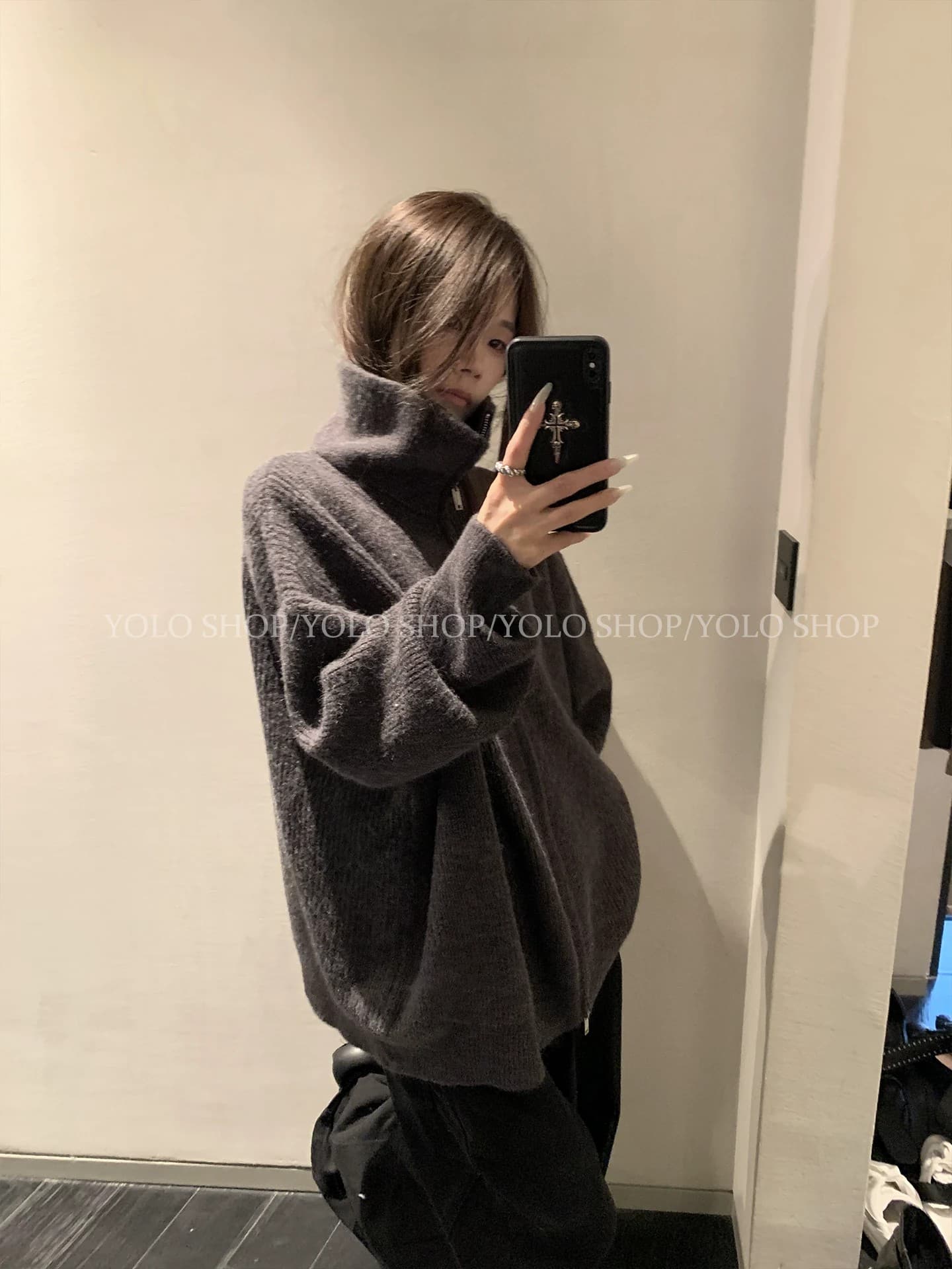 느긋한 느슨함 센스 빛 사람들 반하이넥 지퍼 니트 오픈 가디건 여성 가을 품격 스웨터 코트 상세 이미지 3