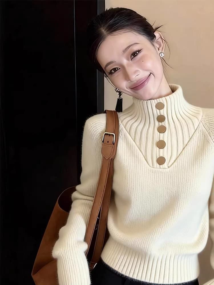 자이언트 잘 생긴 신년 빨간색 반하이넥 니트 스웨터 여성 가을 겨울 고급 센스 인사이드 가져 가라. 기본 셔츠 스웨터 쇼트 스타일 맨위 이미지 4